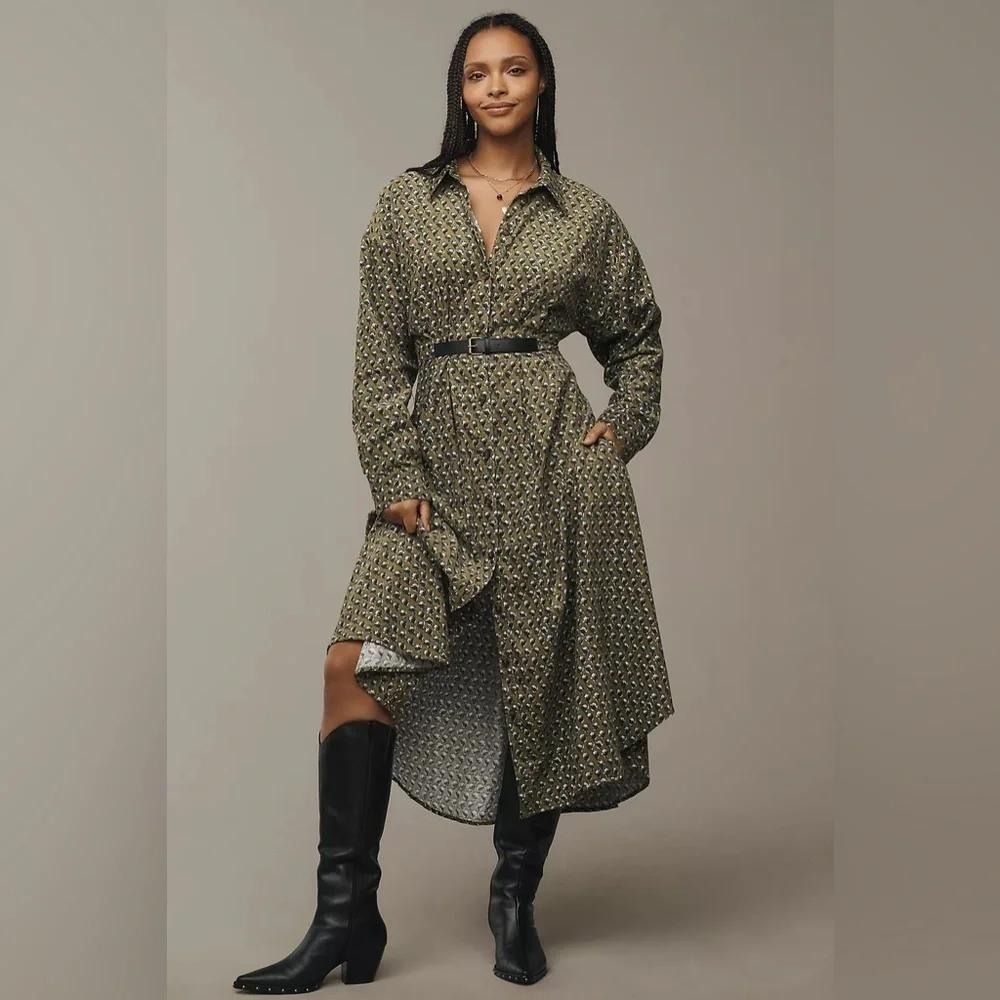 Anthropologie Corduroy Shirt Dress Olive Green Thistle Floral Midi Belted 12